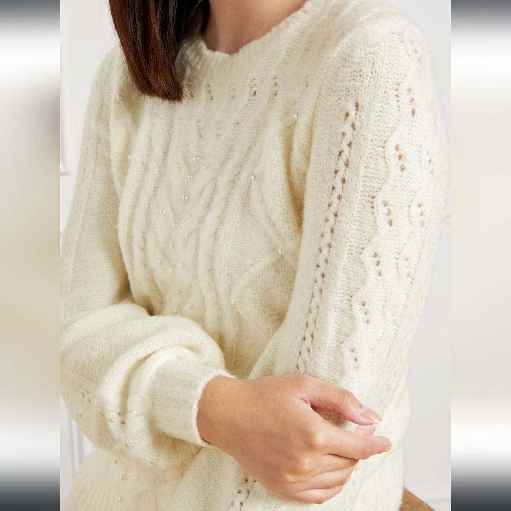 Talbots Pointelle Off White Sweater Size XL Pearl Embellished Cable Knit